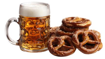 Beer mug pretzel snack glass foam salted baked traditional German refreshment. cold beer mug with foamy top and salted pretzels create festive