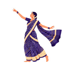 Naklejka premium Woman in a blue and gold sari gracefully poses with arms outstretched, embodying Indian dance and tradition.