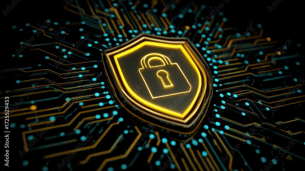 Poster digital shield icon representing cybersecurity with circuit board background and lock symbol illumin