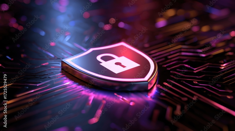 Poster digital security shield symbol with padlock on circuit board background in neon colors
