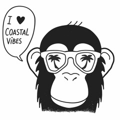 Minimilist illustration of a monkey wearing sunglasses with palm tree reflections and coastal vibes speech bubble vector