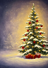 Christmas tree with red ornaments and presents in snowy background