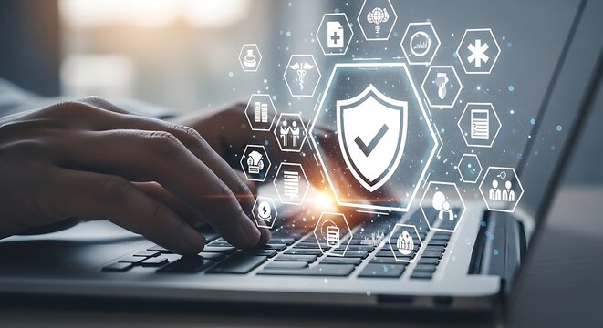 Hands typing on laptop with glowing digital shield and healthcare icons technology security