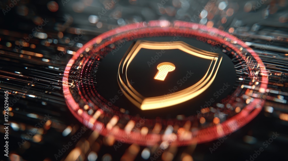 Poster digital security concept with shield symbol and keyhole, cyber protection and data safety visual rep