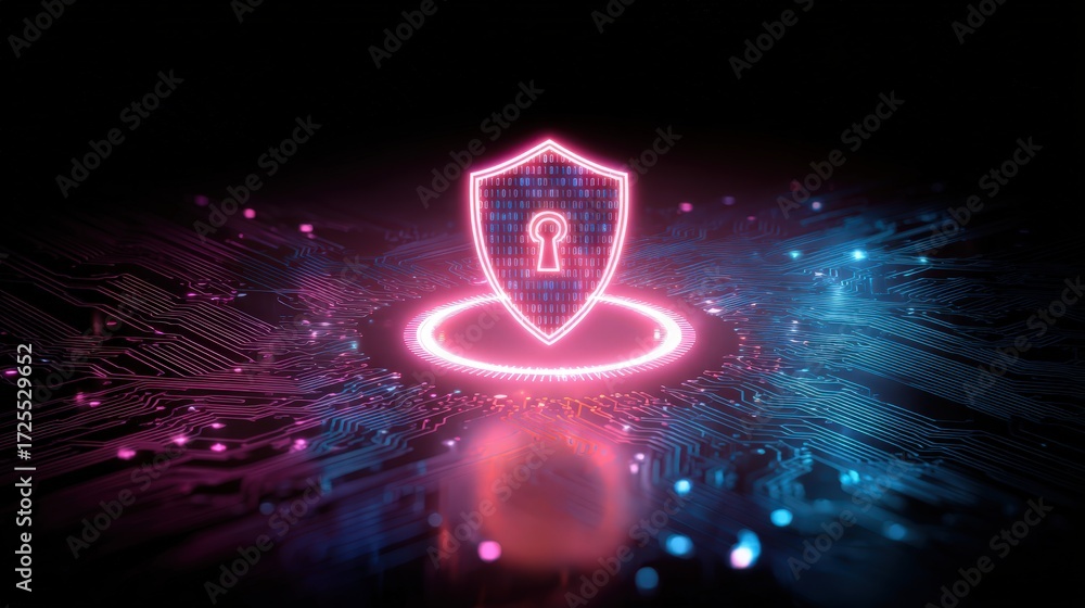 Poster glowing digital shield icon on futuristic circuit background representing cyber security and data pr