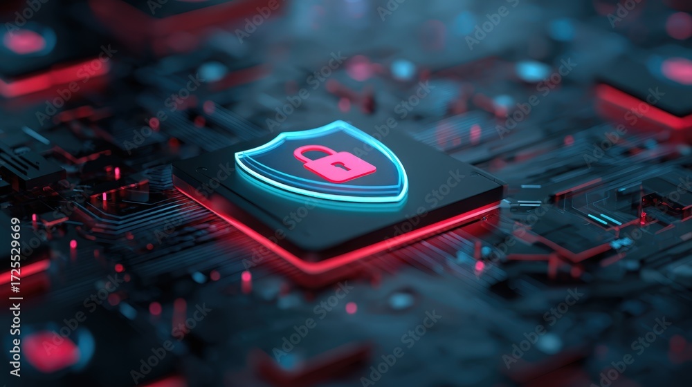 Poster abstract digital background with cybersecurity shield icon and circuit patterns in neon colors