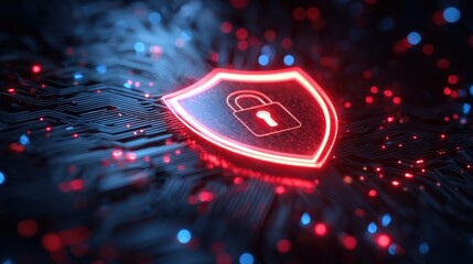 Creative digital illustration of a glowing padlock symbol on a background of illuminated circuit board pattern