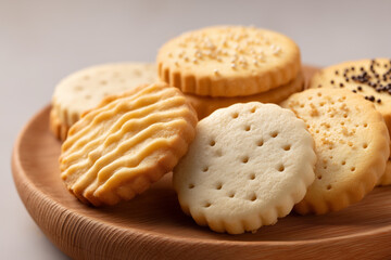 Assorted tea biscuits displayed on wooden plate