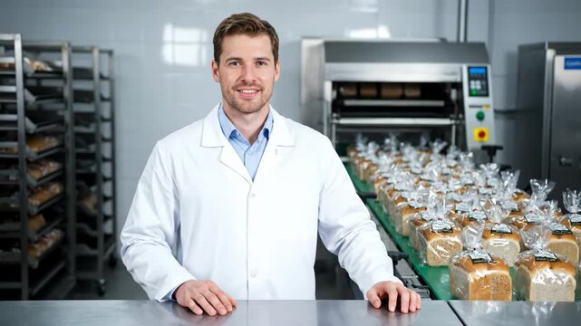 Portrait of a confident food technologist in a white coat smiling at a modern bakery with packaged bread on a conveyor belt