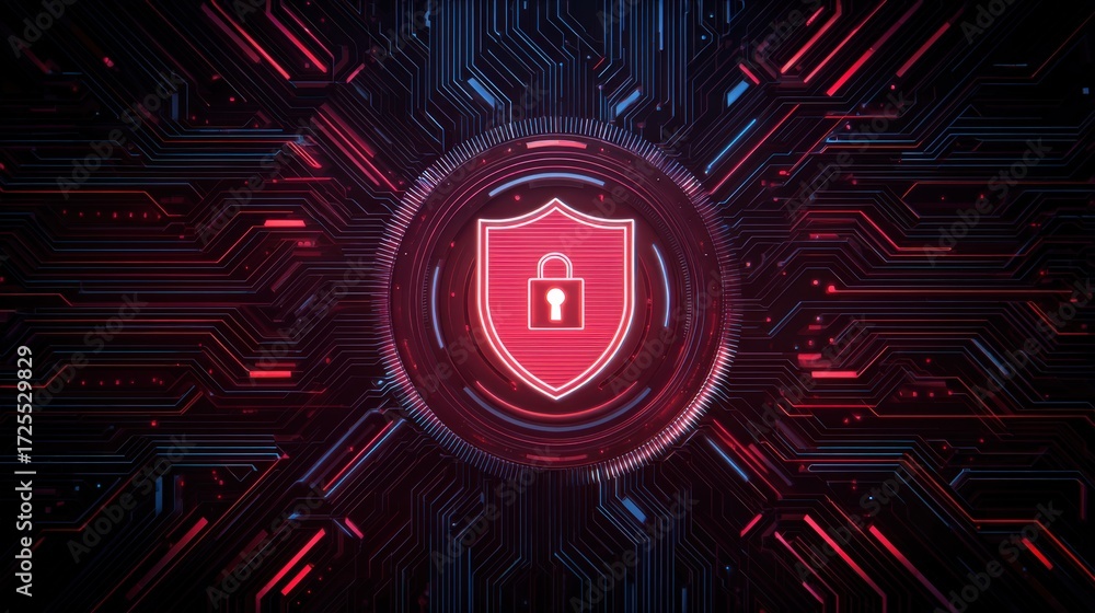 Poster digital security concept with shield and padlock on circuit board background representing cyber prot