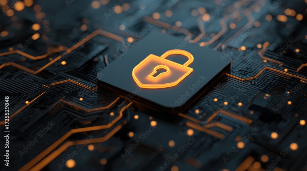 Poster digital lock icon on circuit board design representing cybersecurity and data protection technologie