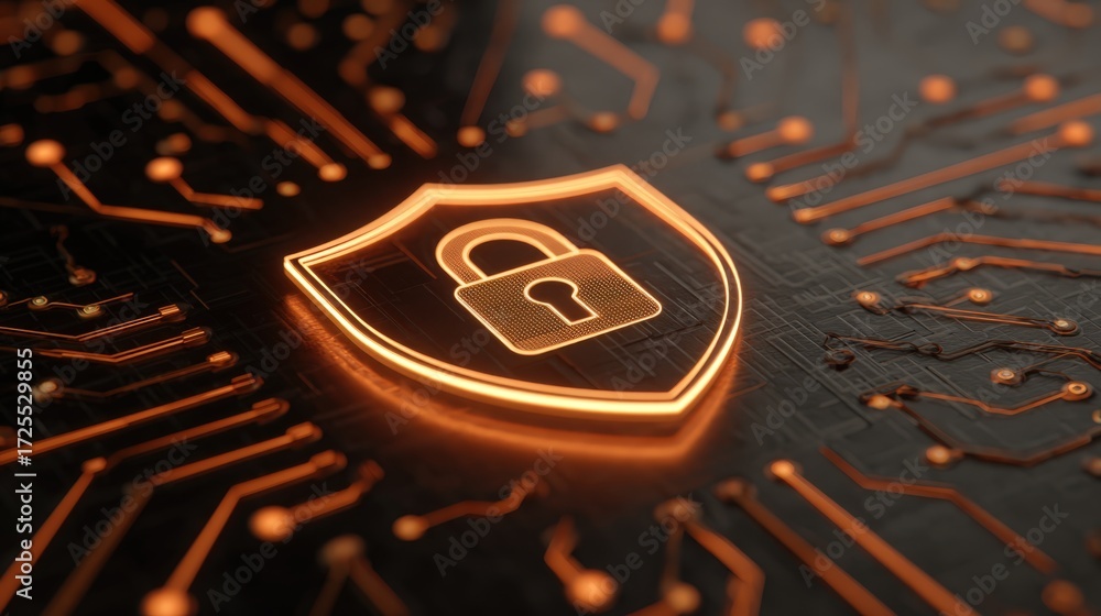 Poster shield icon with lock symbol representing security and protection in digital circuit background