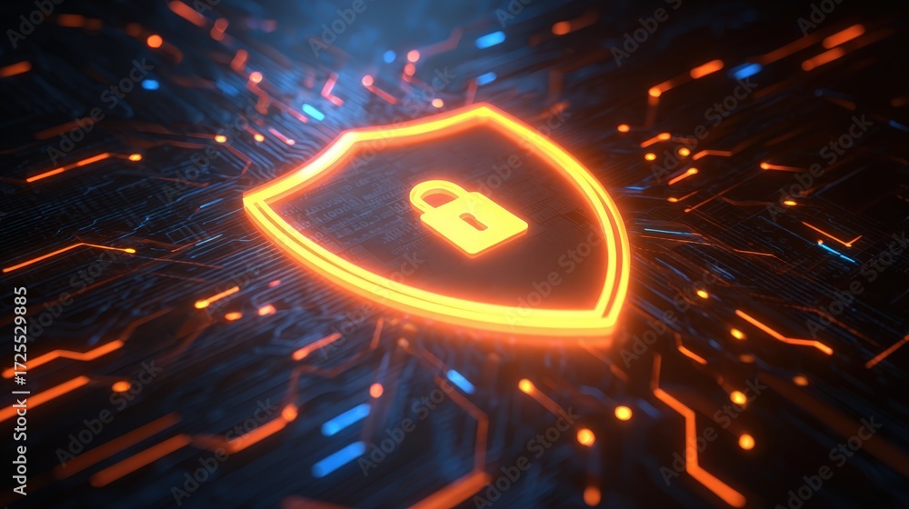 Poster digital secure shield symbol with glowing lock and circuit background representing data protection a