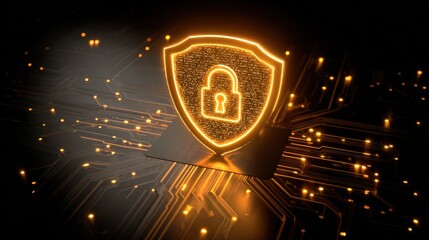Digital security concept showing glowing shield with padlock symbol on circuit board background for cybersecurity protection theme
