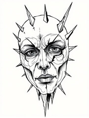 Minimilist detailed monochrome drawing of a face with spikes protruding from the head and facial features vector