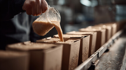 Naklejka premium Soup being poured into cartons on production line in food processing facility