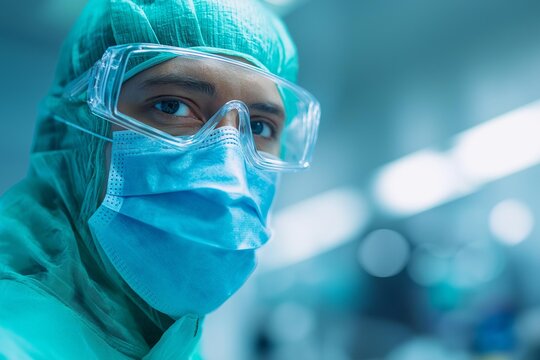 A focused medical professional in protective gear prepares for surgery in a modern operating room. - Powered by Adobe