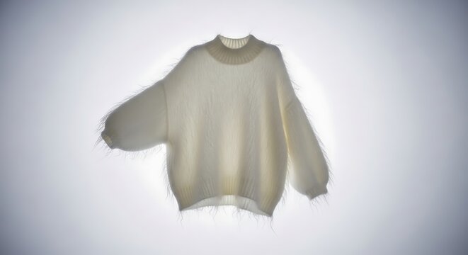 A light, translucent white mohair or angora sweater with a cozy funnel neck and fluffy texture, glowing softly against a bright, luminous white-to-gray background.