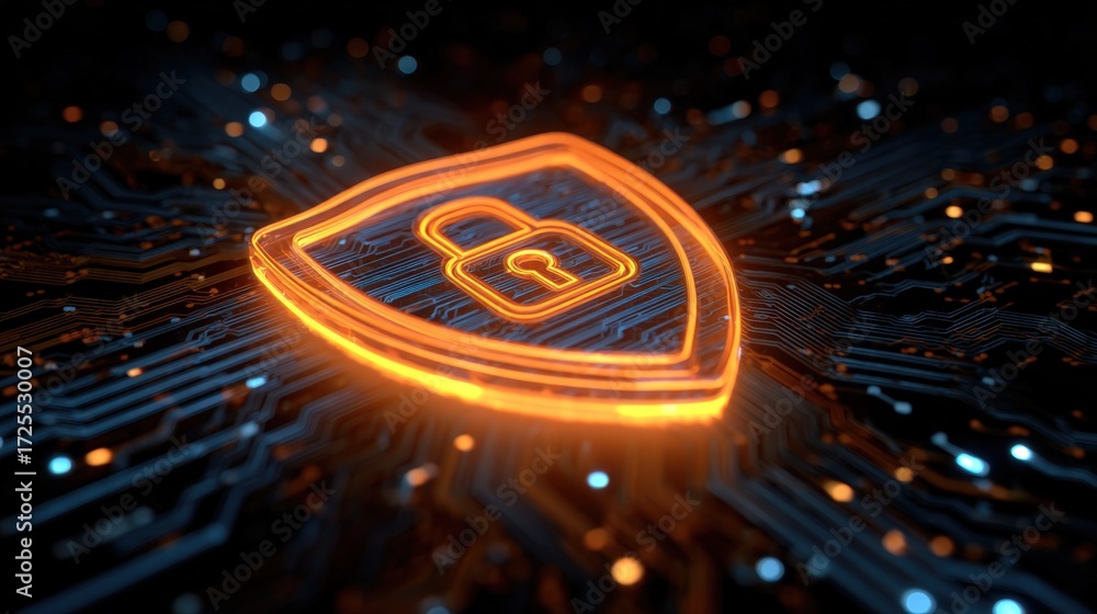 Poster abstract representation of digital security with an illuminated lock symbol against a circuit board 