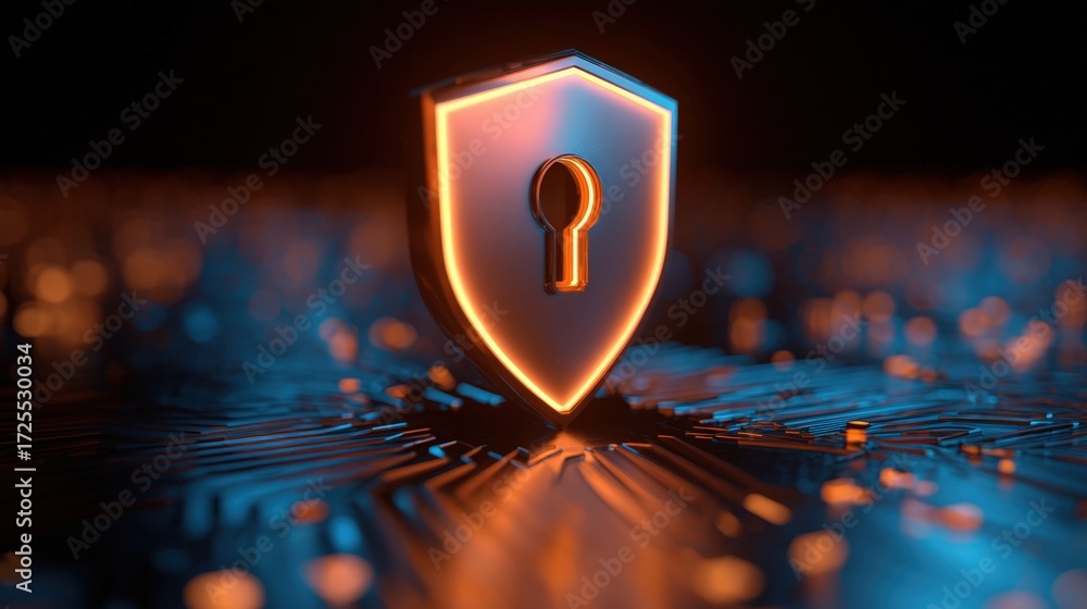 Poster digital shield with keyhole symbolizing cybersecurity and data protection in a futuristic circuitry 