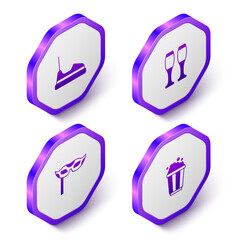 Set Isometric Bumper car, Bowling pin, Festive mask and Popcorn cardboard box icon. Purple hexagon button. Vector