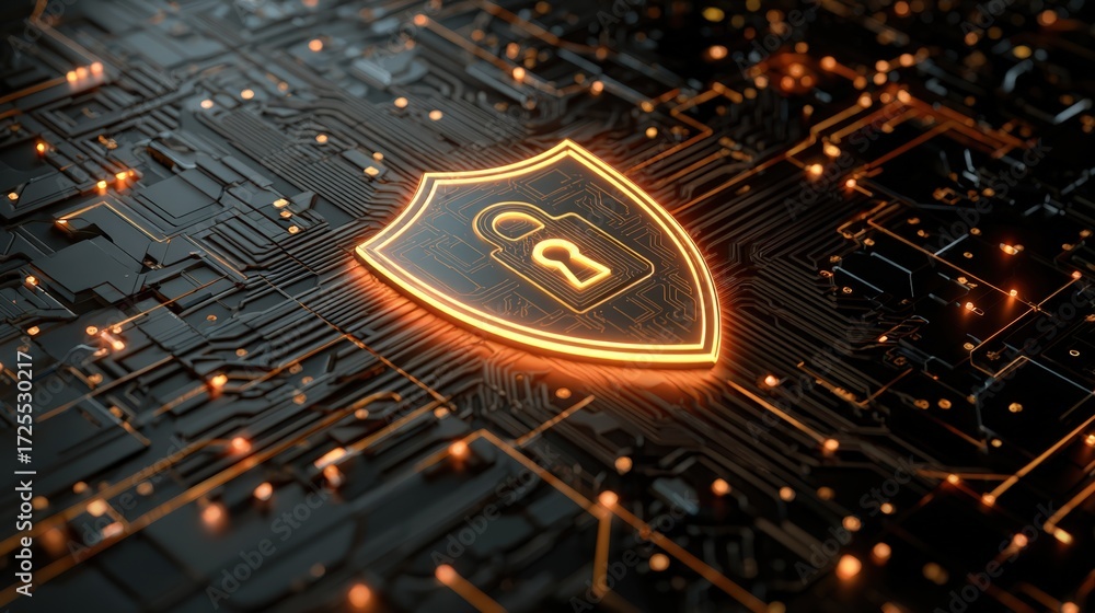 Poster digital shield with lock symbol on circuit board background representing cybersecurity and data prot