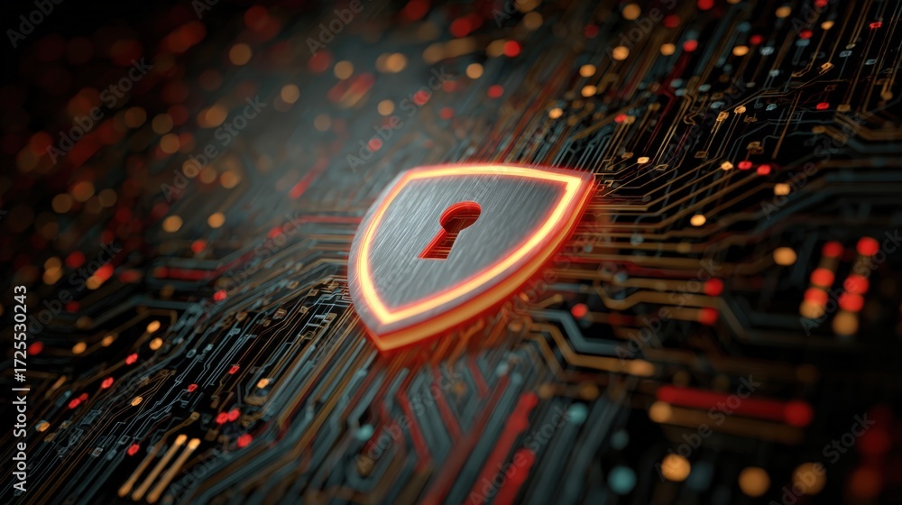 Poster futuristic digital security concept with shield icon and intricate electronic circuit background in 