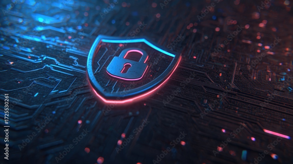 Poster futuristic digital security shield with lock symbol on circuit board background for cybersecurity co