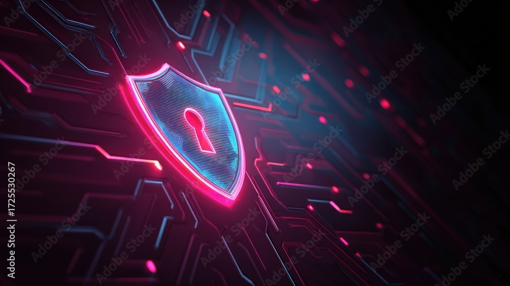 Poster digital shield with keyhole in neon glow representing cybersecurity and data protection concept