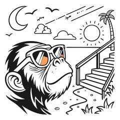 Minimilist monkey with sunglasses looking at the beach with stairs and palm tree under the sun and moon at night vector