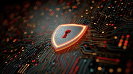 Futuristic digital security concept with shield icon and intricate electronic circuit background in vibrant colors