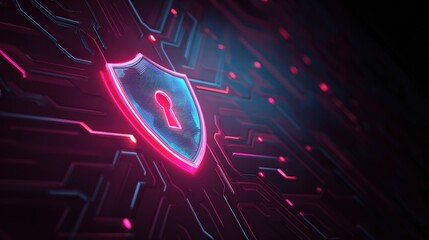 Digital shield with keyhole in neon glow representing cybersecurity and data protection concept