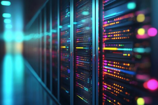 Futuristic data center with glowing multicolor server racks and digital lights for IT infrastructure, AI cloud storage, cybersecurity, and technology presentations
