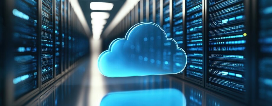 Futuristic cloud computing data center with glowing blue neon cloud icon and server racks for IT infrastructure, AI technology, storage systems, and cybersecurity presentations