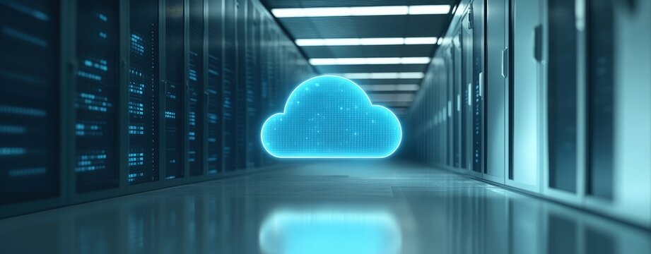 Futuristic cloud computing server room with glowing digital blue cloud icon for IT infrastructure, AI technology, big data storage, and cybersecurity presentations