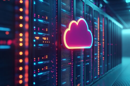 Futuristic cloud computing server room with neon lights and glowing data racks for IT presentations, Technology marketing, and digital infrastructure concepts