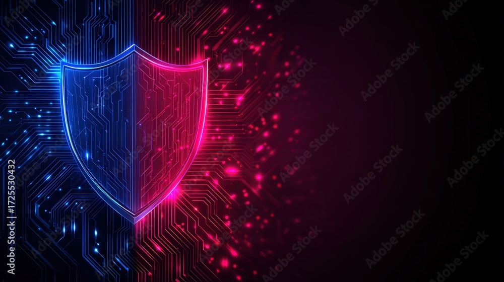 Poster digital shield symbol representing cybersecurity with neon circuit pattern