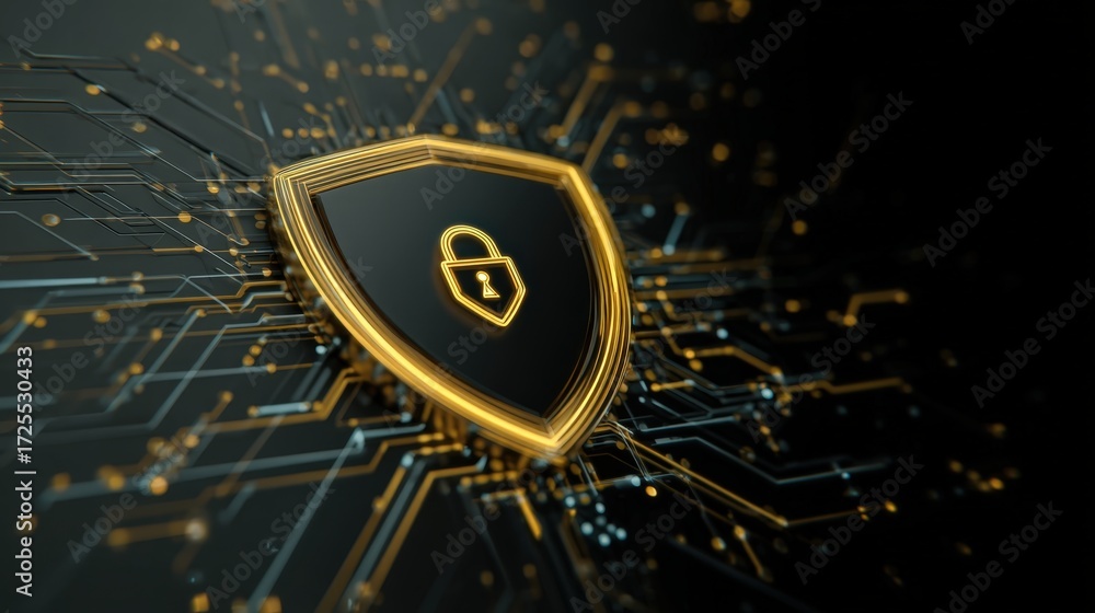 Poster golden shield symbol on digital circuit background for cybersecurity and data protection concepts