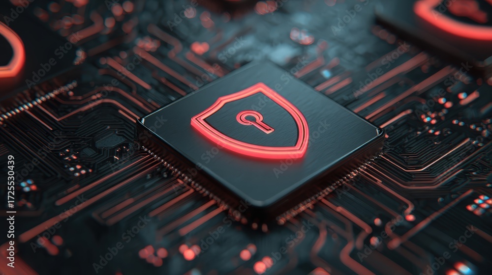 Poster futuristic technology circuit board with glowing security shield icon representing data protection a