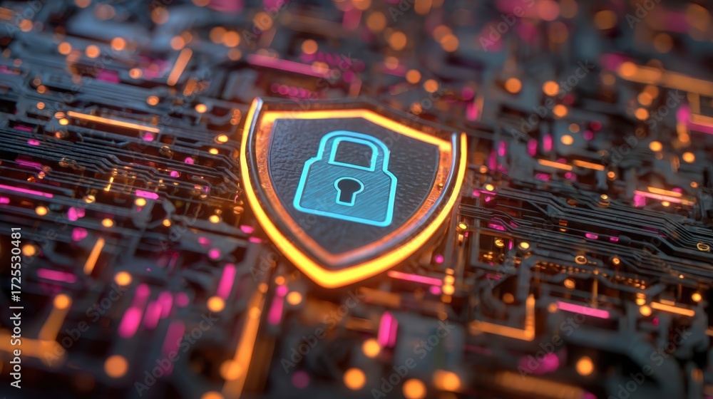 Poster digital shield icon with lock symbol on circuit board background in futuristic technology concept