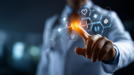 A doctor interacts with a digital interface of longevity technologies hyper realistic healthcare icons with clear details moody shadows on a screen bright saturation in