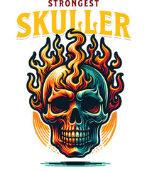 Sinister skull devil character design with fiery accents and gothic typography