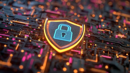 Digital Shield Icon with Lock Symbol on Circuit Board Background in Futuristic Technology Concept