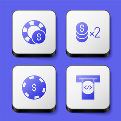 Set Casino chips, with dollar, and Automated teller machine and money icon. White square button. Vector