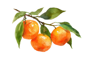 Orange Tangerines on a Branch Hand Drawn Watercolor Isolated Food Illustration