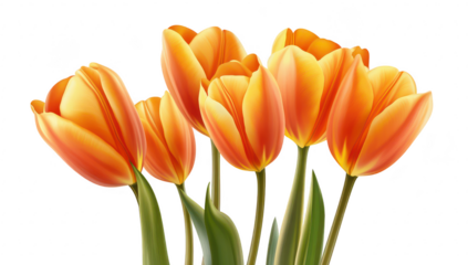 A bouquet of orange tulips arranged elegantly against a clean white background. their delicate petals and green stems. perfect for floral-themed designs and decorations