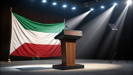 Stage of Diplomacy: An empty podium, illuminated by spotlights, stands before the flag. A symbol of leadership and statesmanship