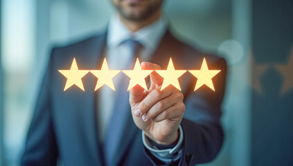 Close-up of men's hands choosing five gold stars front view