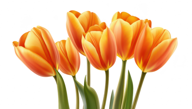 A bouquet of orange tulips arranged elegantly against a clean white background. their delicate petals and green stems. perfect for floral-themed designs and decorations