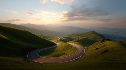 Serpentine road through lush hills at sunrise. Neural network AI generated